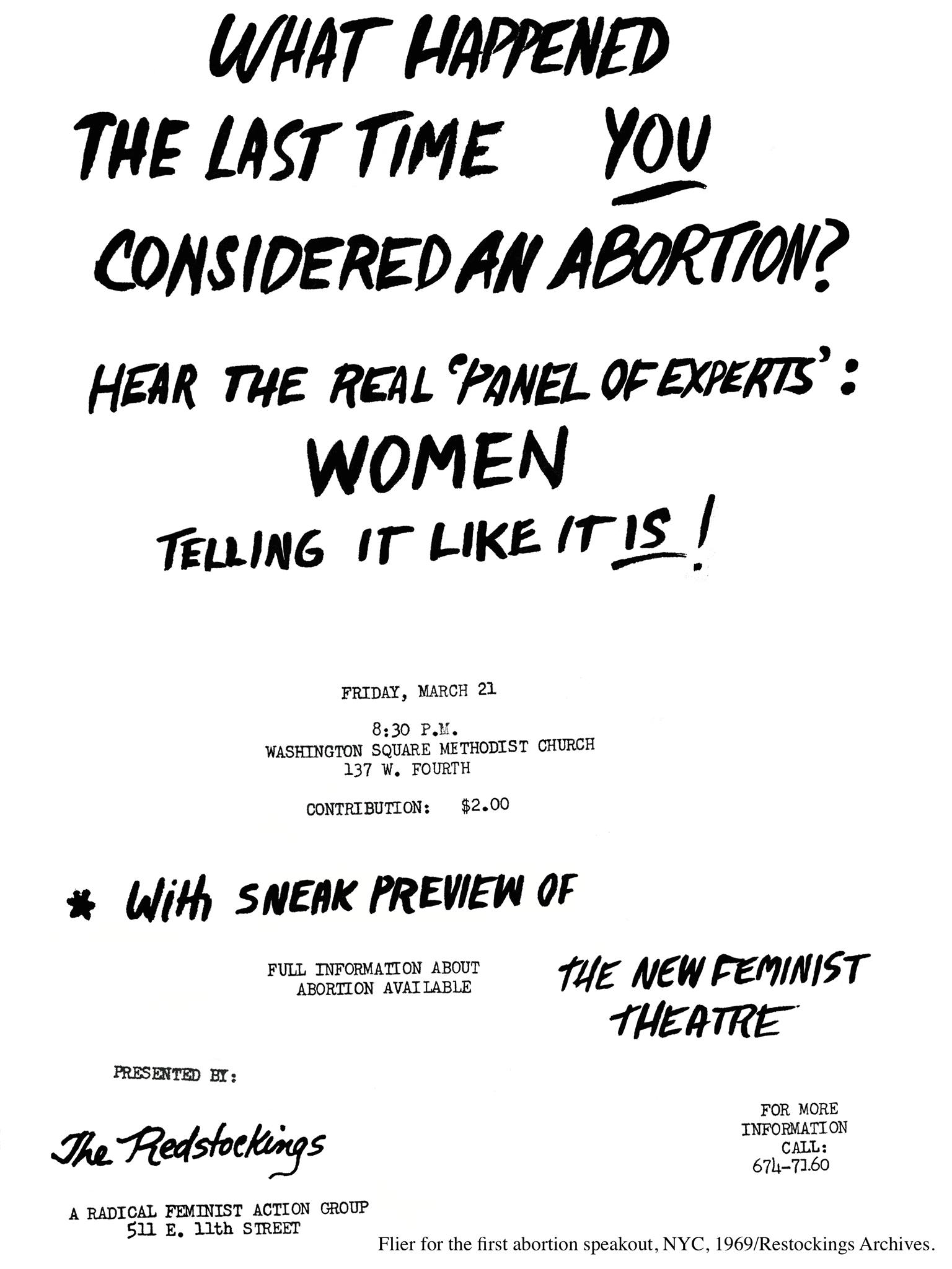 text reads: What happened the last time you had an abortion? Hear the real panel of experts: WOMEN telling it like it is! Friday, March 21st, 8:30pm